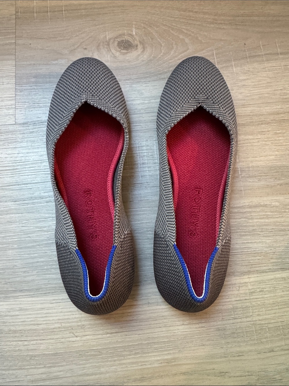 Rothy's Gray Slip-On Flats with Red Insole and Blue Trim